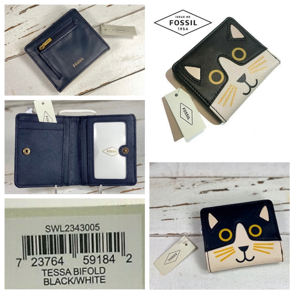 FOSSIL Cat “Tessa” Bifold Wallet, Black/White NWT - Picture 2 of 5